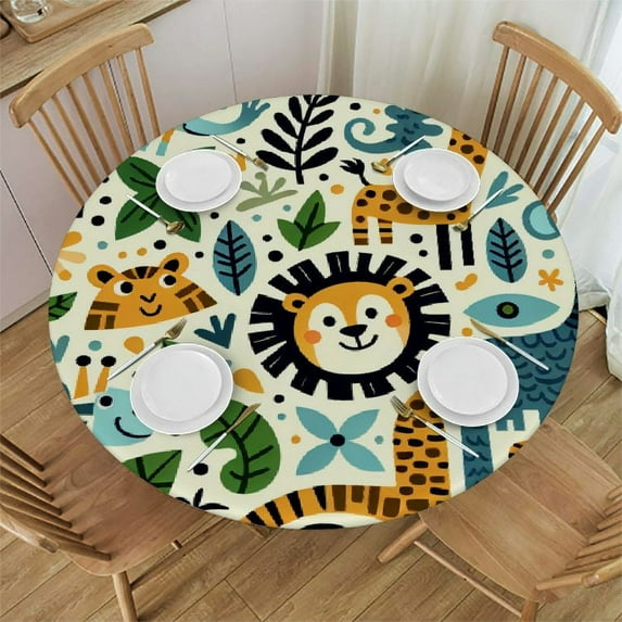 Wuche Cartoon Animals Round Elastic Tablecloth, Elastic Edged Polyester Table Cover, for Dining Room Kitchen Birthday Party and Outdoor Use