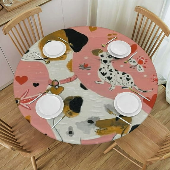 PIKWEEK Cartoon Corgi Doodle Dog Fitted Round Table Cover with Elastic Protector Table Kitchen Dinner Waterproof Oil-Proof Tablecloth
