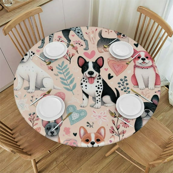 PIKWEEK Cartoon Corgi Doodle Dog Fitted Round Tablecloth Waterproof Table Cloth with Elastic Edge Wipe Clean Table Cover for Indoor Outdoor