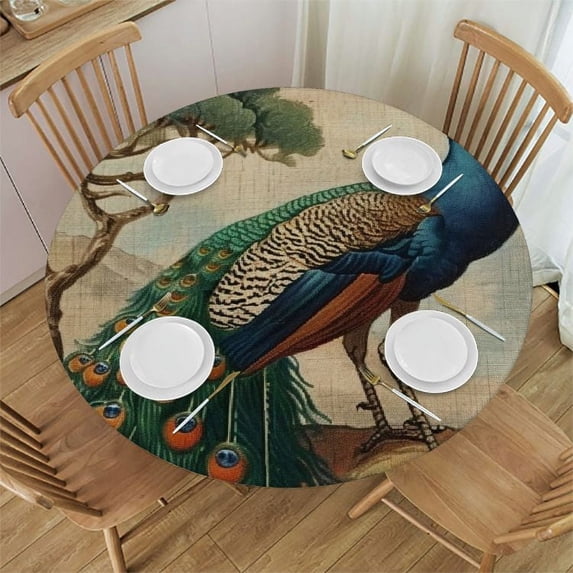 PIKWEEK Chinoiserie Peacock Vintage Decorative Outdoor Fitted Round Tablecloth White