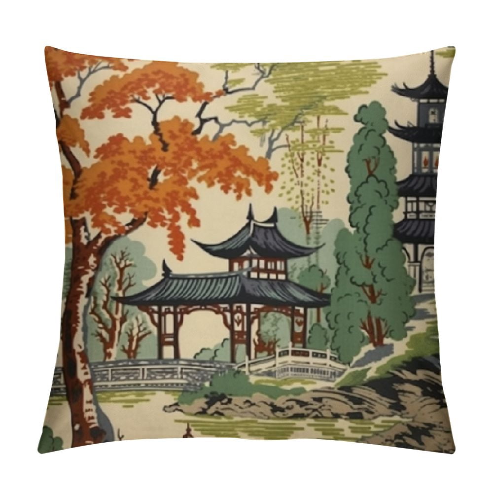 PIKWEEK Chinoiserie Pillow Covers Asian Green Blue Throw Pillows Vintage Pillow Case Farmhouse ...