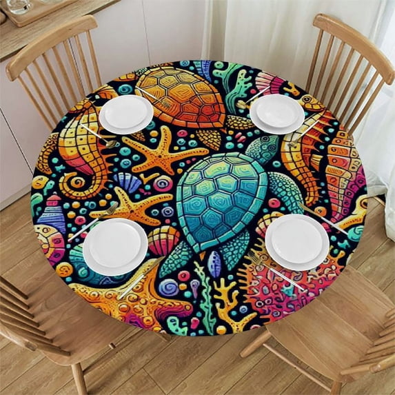 PIKWEEK Coastal Nautical Round Tablecloth, Fitted Table Cover with Elastic Round Tables, Sea Turtle Starfish Summer Beach Coral Table Cloth Outdoor Indoor Party Waterproof Tablecloths