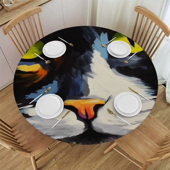 PIKWEEK  Colorful Cat Whiskers Fitted Round Tablecloth Waterproof Table Cloth with Elastic Edge Wipe Clean Table Cover for Indoor Outdoor White