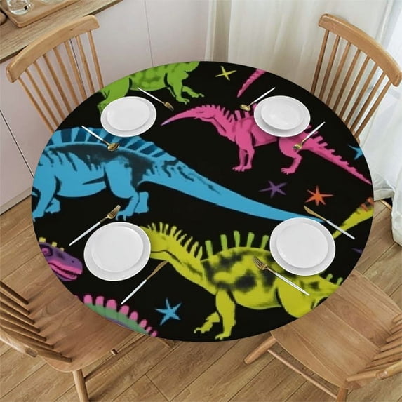 PIKWEEK Colorful Little Dinosaurs Fitted Round Tablecloth Waterproof Table Cloth with Elastic Edge Wipe Clean Table Cover for Indoor Outdoor White