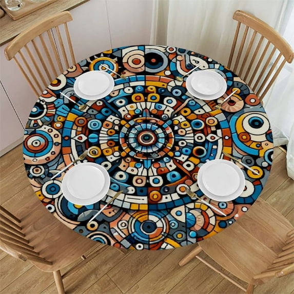 PIKWEEK Colorful Round Fitted Tablecloth with Elastic Edge Moroccan Mosaic Wall Style Round Fitted Table Cover The Ultimate Protection for Your Table Fits up Tables