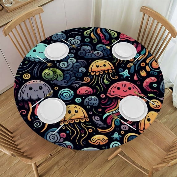 PIKWEEK Colorful Skull Heart Round Fitted Tablecloth Elastic Edge Waterproof Oil-Proof Table Cover Stain-Resistant Table Cloth Fits Round Tables