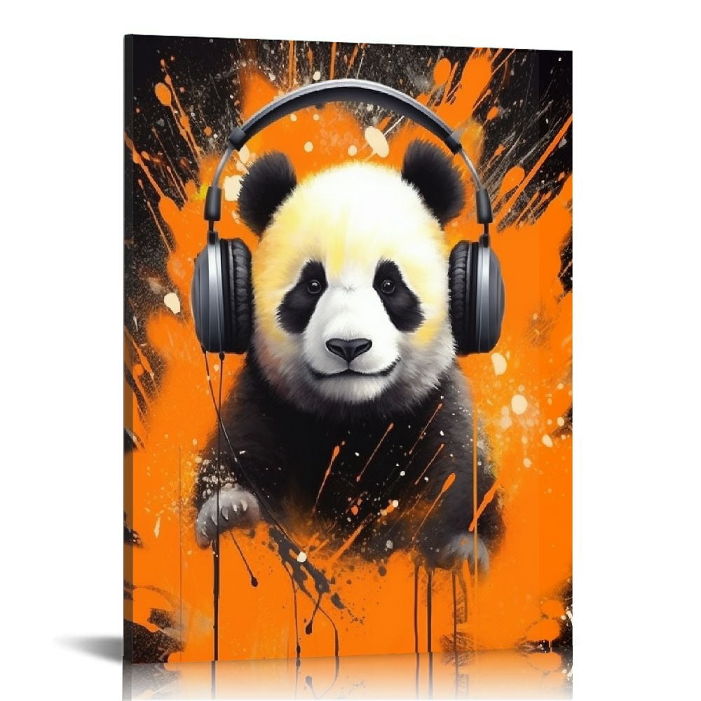 PIKWEEK Cool Panda Canvas Wall Art Funny Panda Bear Wearing Headphones ...