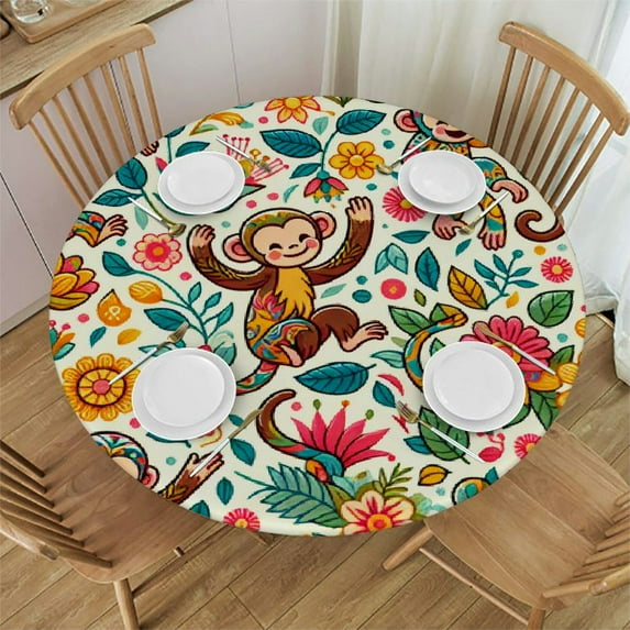 PIKWEEK Cute Cartoon Animals Elastic Tablecloth Fitted Table CoverRound Waterproof Tablecloth, Polyester Indoor Outdoor Fitted Table Cover
