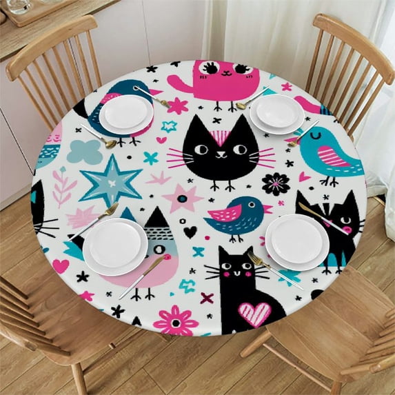 PIKWEEK Cute Cartoon Animals Round Fitted Polyester Tablecloth with Elastic Edged, for Home Kitchen Restaurant Dining Tables