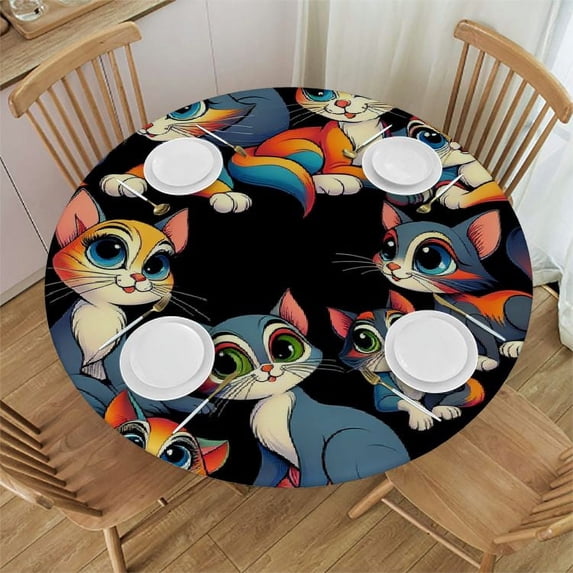 Wuche Cute Cartoon Cat Round Fitted Tablecloth Elastic Edge Waterproof Oil-Proof Table Cover Stain-Resistant Table Cloth Fits Round Tables