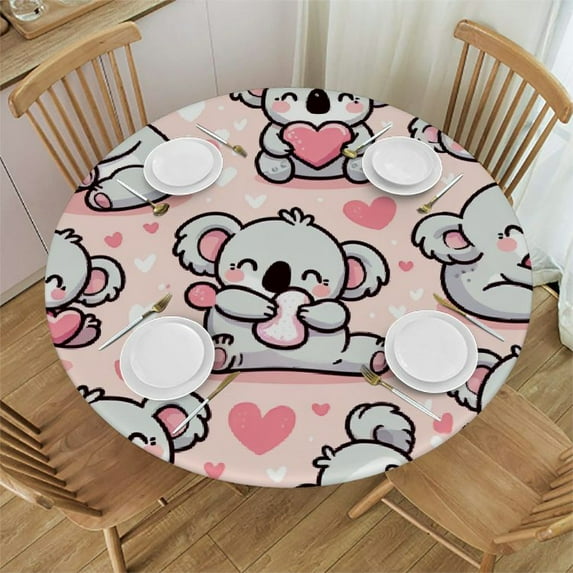 PIKWEEK Cute Cartoon Koala and Hearts Round Tablecloth, Fitted Round Table Cloth with Elastic Edge Wipeable Table Protector for Indoor Outdoor Party Picnic