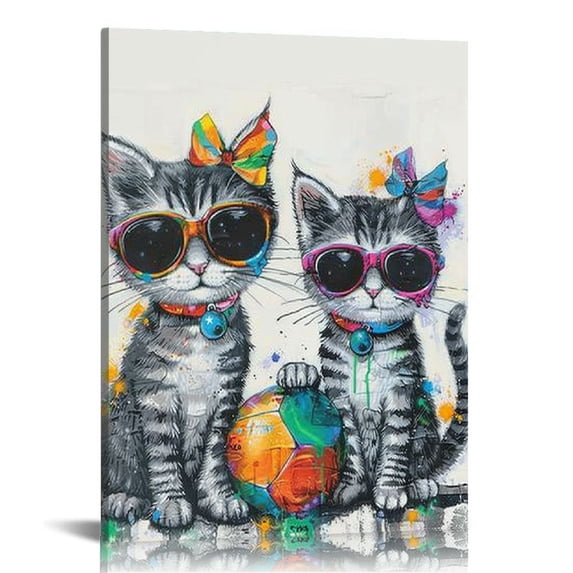 PIKWEEK Cute Cat Canvas Wall Art: Framed Cat Pictures Small Funny Kitty-Cat Babies Painting for Girl's Bedroom Bathroom 12*16in/16*20in
