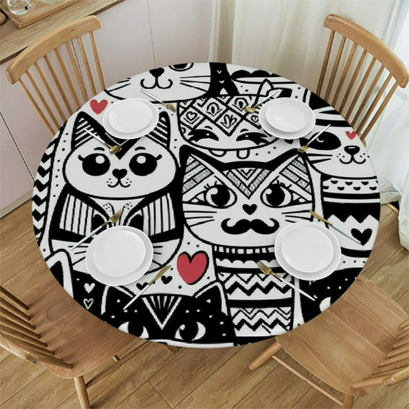 PIKWEEK Cute Cat Pattern Round Tablecloth with Elastic Edge Tablecloth Spill Proof Washable Table Cover for Kitchen Dining Party Outdoor Decor