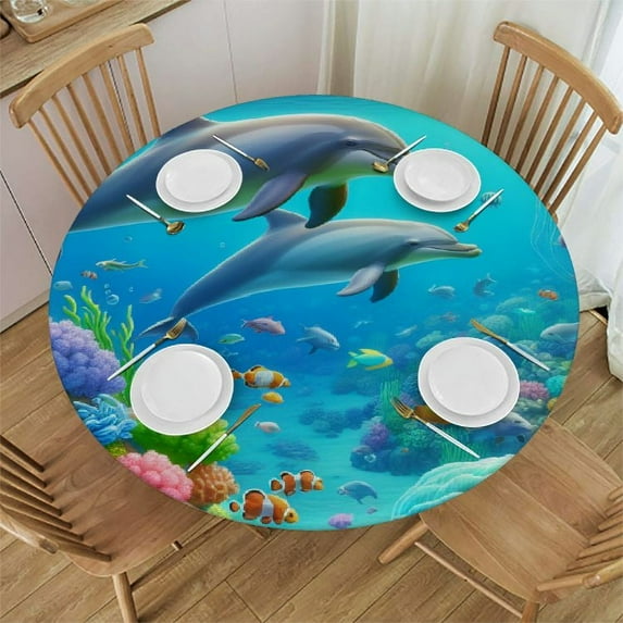 PIKWEEK Cute Dolphin Ocean Animal Decorative Tablecloth with Elastic Edge White