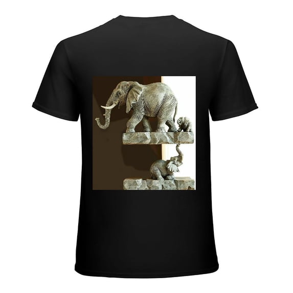 PIKWEEK Cute Elephant - Decorative Statue of Mother and Two Babies Hanging on the Table, Designed Shirt, Art Display, T-shirt Lover Gift Casual Breathable Men, Women, Boys, Girls, Children Black