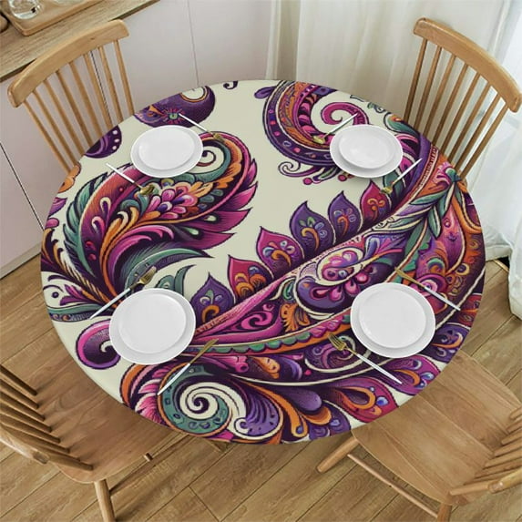 PIKWEEK Cute Paisley Pattern Floral Fitted Round Tablecloth Waterproof Table Cloth with Elastic Edge Wipe Clean Table Cover for Indoor Outdoor