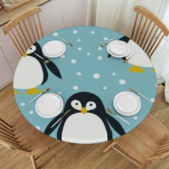 PIKWEEK Cute Penguin Round Fitted Tablecloth, Elastic Tablecloth for Round Tables, Waterproof Table Cover