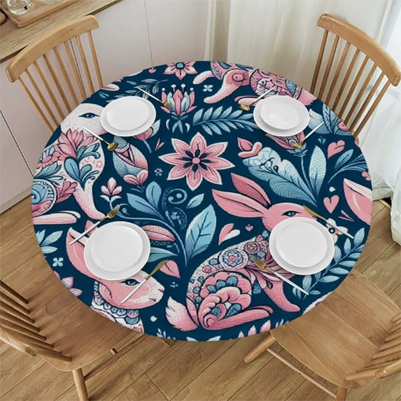 PIKWEEK Cute Pink Rabbits in Blue Floral Fitted Round Tablecloth Waterproof Table Cloth with Elastic Edge Wipe Clean Table Cover for Indoor Outdoor
