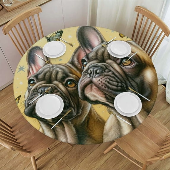 PIKWEEK Cute Two French Bulldogs Fitted Round Tablecloth Waterproof Table Cloth with Elastic Edge Wipe Clean Table Cover for Indoor Outdoor
