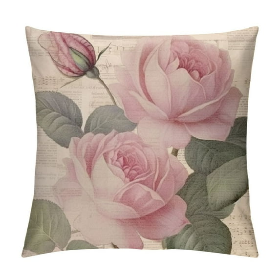 PIKWEEK  Decorative Romantic Rose Flower Pillow Cover Vintage Shabby Chic Peach Pink Rose Floral Cushion Cover Square Pillowcase for Sofa Bedroom Car
