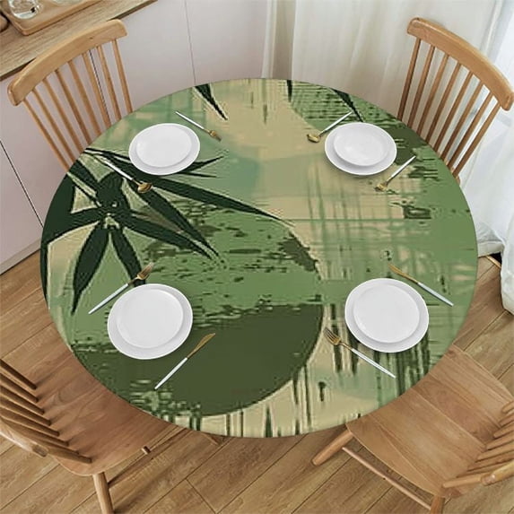 PIKWEEK Decorative Round Table Cover Elastic Tablecloth, Bamboo Polyester Fitted Table Cover Elastic Edged, Zen Circle Bamboo Vintage Color Print Fabric Table Cover,for Indoor Outdoor
