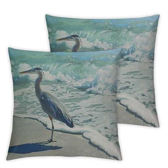 PIKWEEK Decorative Throw Pillow Cover Square Size 18x18 Inches Blue Heron Beach Sea Wave Watercolor Painting Cotton Decor Pillowcase with Hidden Zipper Decor Cushion Covers Set of 2 White