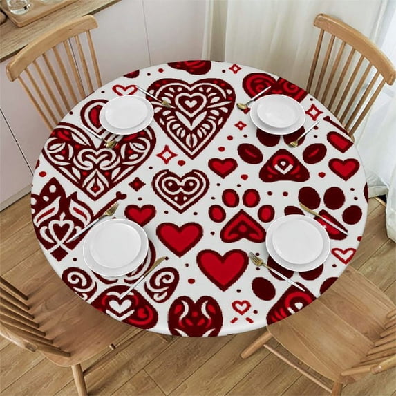 Wuche Dog Paw Print with Hearts Round Tablecloth, Fitted Round Table Cloth with Elastic Edge Wipeable Table Protector for Indoor Outdoor Party Picnic Fit Table