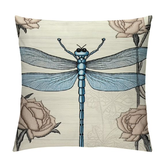 PIKWEEK Dragonfly Throw Pillow Cushion Cover, Hand Drawn Royal Style Rose Petals Leaves and Ornate Design, Decorative Square Accent Pillow Case,