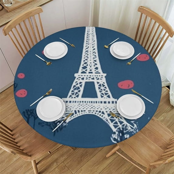 PIKWEEK Eiffel Tower Round Fitted Tablecloth, Paris Elastic Tablecloth for Round Tables, Waterproof Table Cover