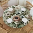 thumbnail image 1 of PIKWEEK Elastic Edged Round Fitted Pink Roses Floral Green Leaves Table Cloth Cover for Indoor Outdoor Kitchen Party, Waterproof Wipeable Tablecloth, 1 of 7