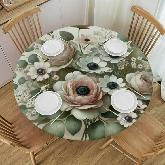 PIKWEEK Elastic Edged Round Fitted Pink Roses Floral Green Leaves Table Cloth Cover for Indoor Outdoor Kitchen Party, Waterproof Wipeable Tablecloth