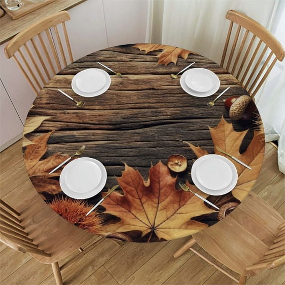 PIKWEEK Elastic Edged Round Tablecloth Thanksgiving Autumn Decorative for Holiday, Dinner Parties