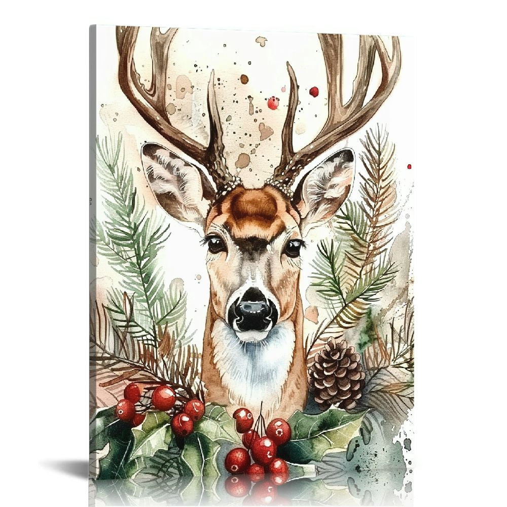 PIKWEEK Elk Canvas Wall Art Christmas Deer Portrait Watercolor Rustic ...