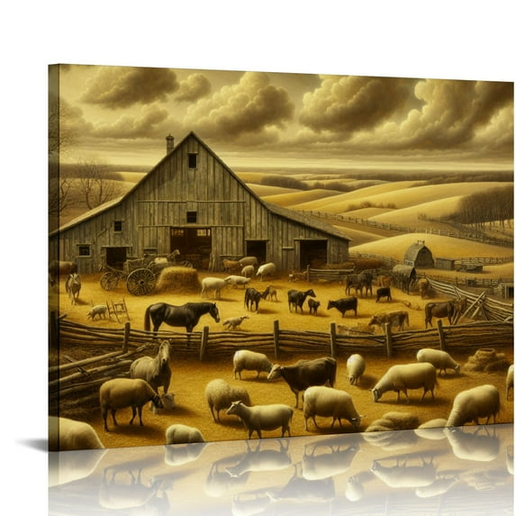 PIKWEEK Farm Animal Wall Art Country Rustic Old Barn Pictures Wall Decor Canvas Print Farmhouse Western Landscape Painting Home Artwork for Bathroom Living Room Bedroom Office 12*16inch/16*20inch