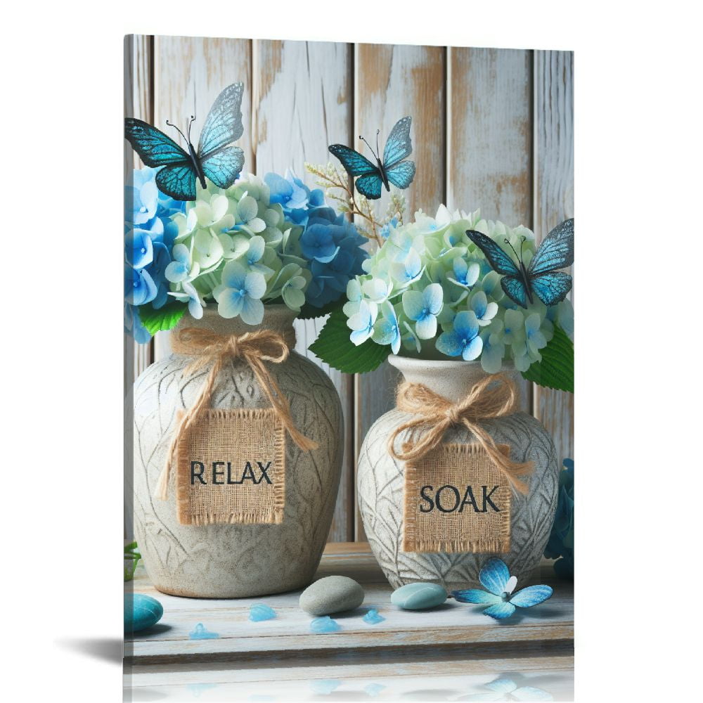 PIKWEEK Farmhouse Bathroom Decor Wall Art Navy Blue Hydrangea Flower ...