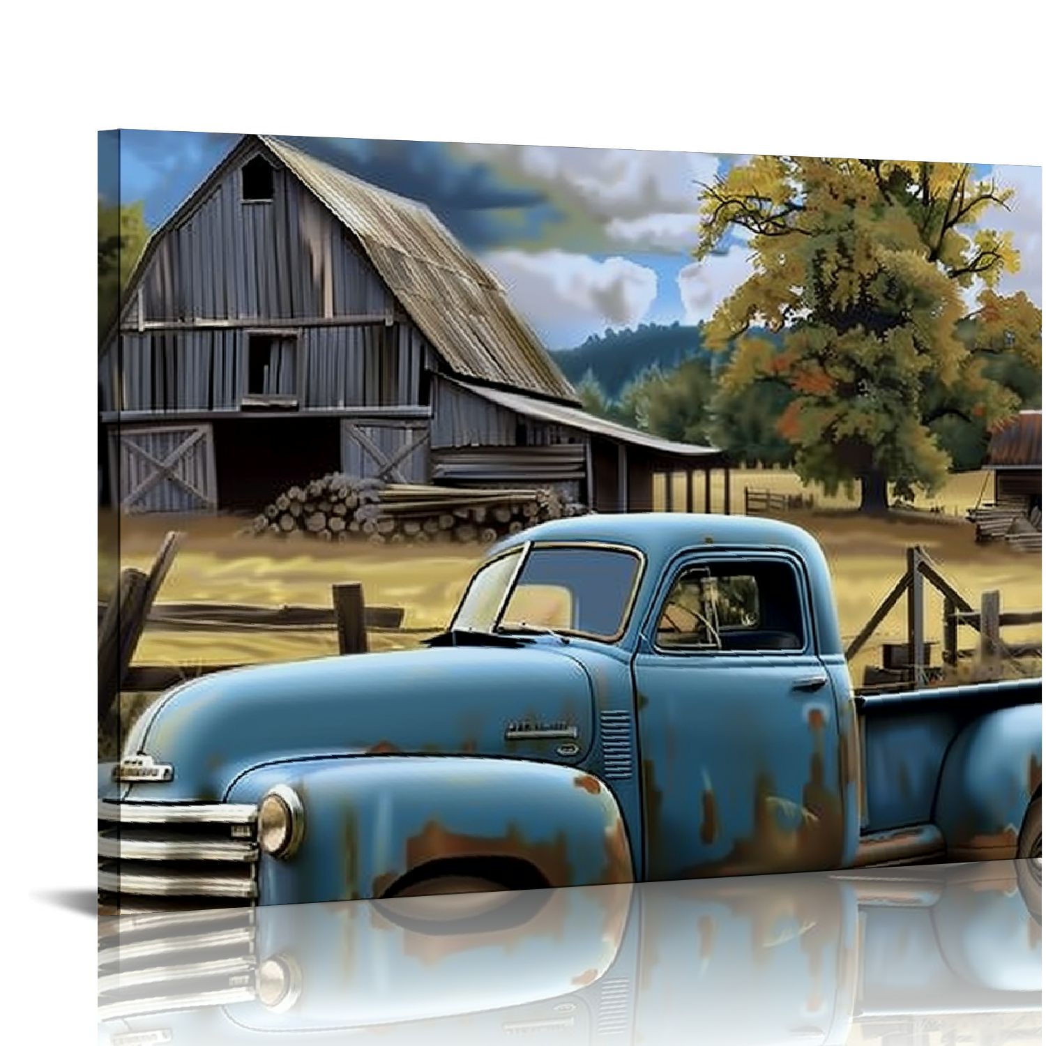 PIKWEEK Farmhouse Canvas Wall Art Old Barn and Blue Truck Pictures ...