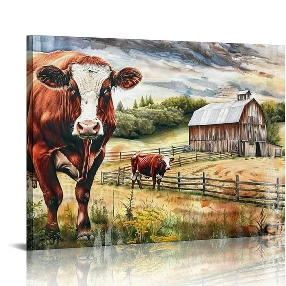 PIKWEEK Farmhouse Country Landscape Wall Art Watercolor Barn Truck Pictures Kitchen Red Decor Highland Cow Farm Animals Canvas Painting Rustic Western Artwork for Living Room Cabin 16*12inch/20*16inch
