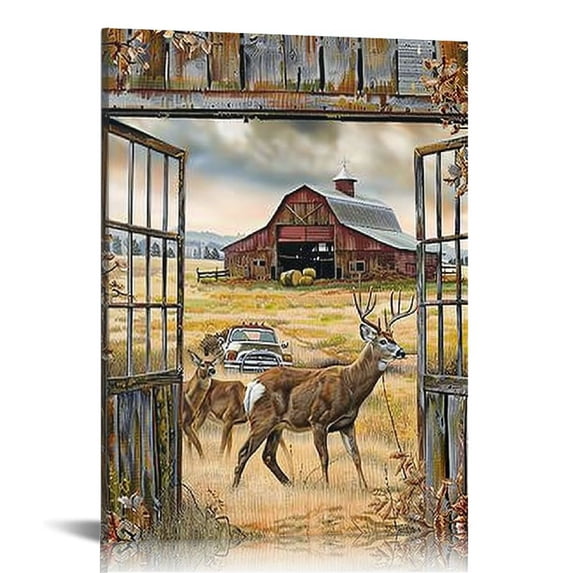 PIKWEEK Farmhouse Deer Canvas Wall Art Country Wildlife Elk Rustic Old Barn Truck Wall Decor Vintage Deer Painting Picture Prints Framed Modern Artwork for Home Living Room Bedroom Bathroom