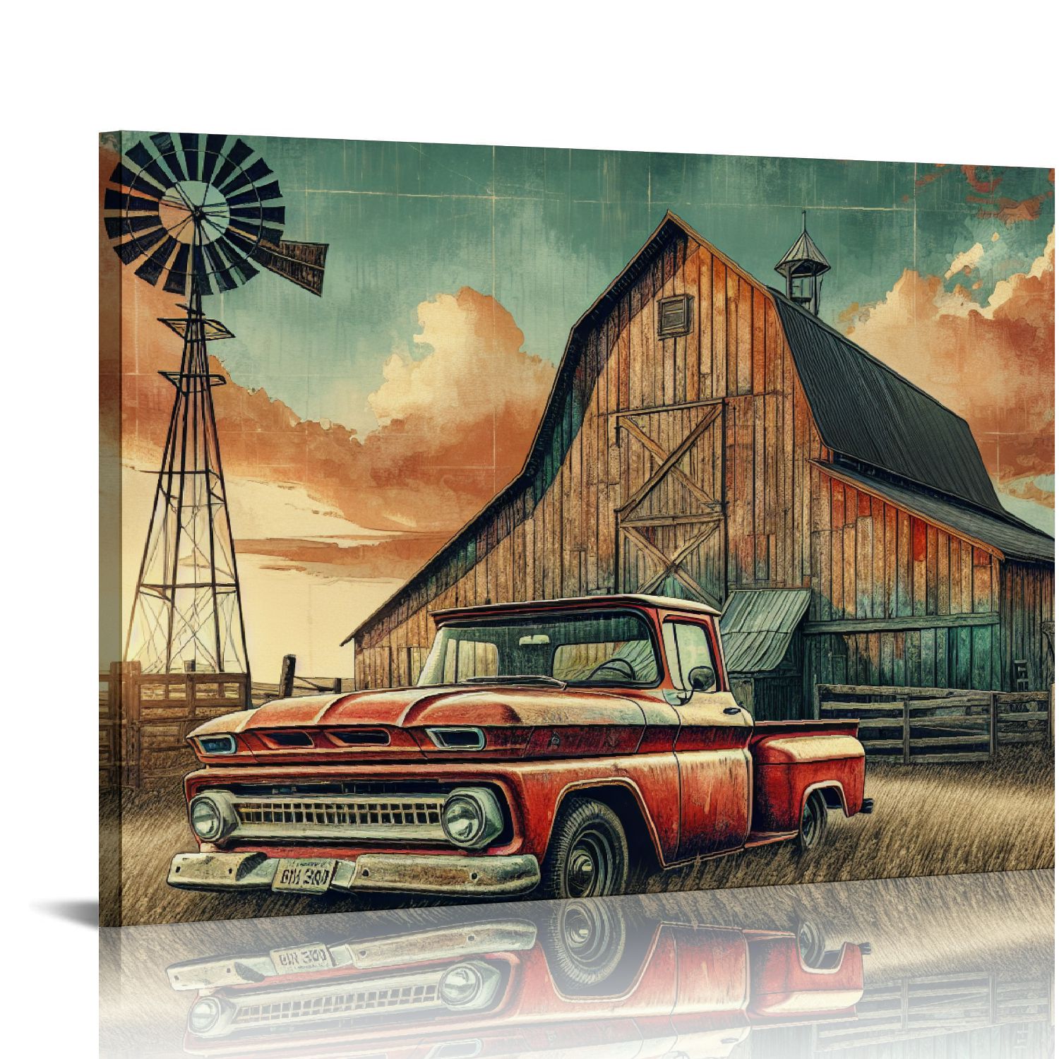 PIKWEEK Farmhouse Red Truck Wall Art Country Old Barn Windmill Pictures ...