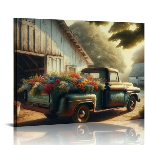 PIKWEEK Farmhouse Truck Wall Art - Old Truck Canvas Prints, Barn Pictures Wall Art for Rustic Home Decor, Rustic Landscape Canvas Painting, Red Car Posters Artwork for Country Wall Decor 20*16inch