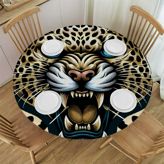 PIKWEEK Fierce Leopard Texture Print Round Fitted Tablecloth Elastic Edge Waterproof Oil-Proof Table Cover Stain-Resistant Table Cloth Fits Round Tables