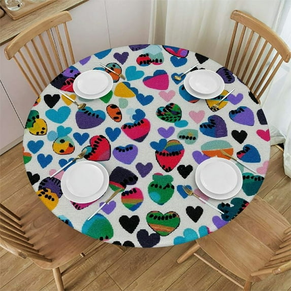 PIKWEEK Fitable Fitted Round Table Cover with Elastic Colorful Puzzle Cartoon Art Style Round Fitted Table Cover with Elastic Edges Abstract Tables