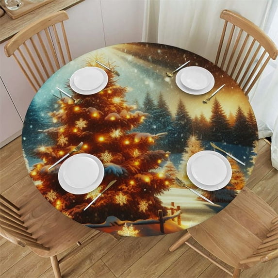 PIKWEEK Fitted Round Tablecloth Christmas,Merry Christmas Tree Table Cover,Elastic Edged Table Cloth Fits Round Tables