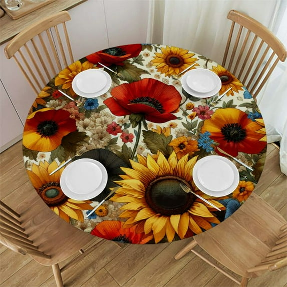 PIKWEEK Fitted Round Tablecloth with Elastic Edge Wipe Clean Sunflower Poppy Barley Flowers Floral Table Cloth for Outdoor/Indoor Use,Fits Round Tables