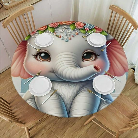 PIKWEEK Fitted Round Tablecloth Elephant,Little Cute Cartoon Elephant Wildlife Flower Stripe Table Cover,Elastic Edged Table Cloth Fits Round Tables