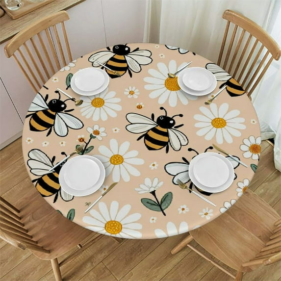 PIKWEEK Fitted Round Tablecloth with Elastic Edge Wipe Clean Cute Daisy Flower and Bees Table Cloth for Outdoor/Indoor Use