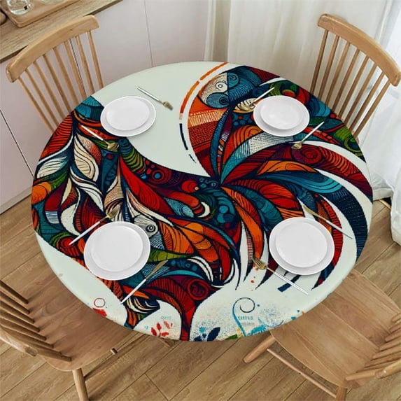 PIKWEEK Fitted Round Tablecloth with Elastic Edge Wipe Clean Domestic Farm Rooster Table Cloth for Outdoor/Indoor Use