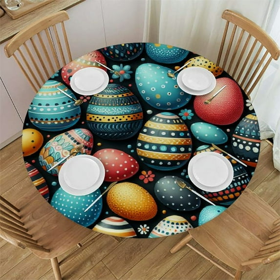 PIKWEEK Fitted Round Tablecloth with Elastic Edge Wipe Clean Easter Eggs Bright Spring on Dark Table Cloth for Outdoor/Indoor Use