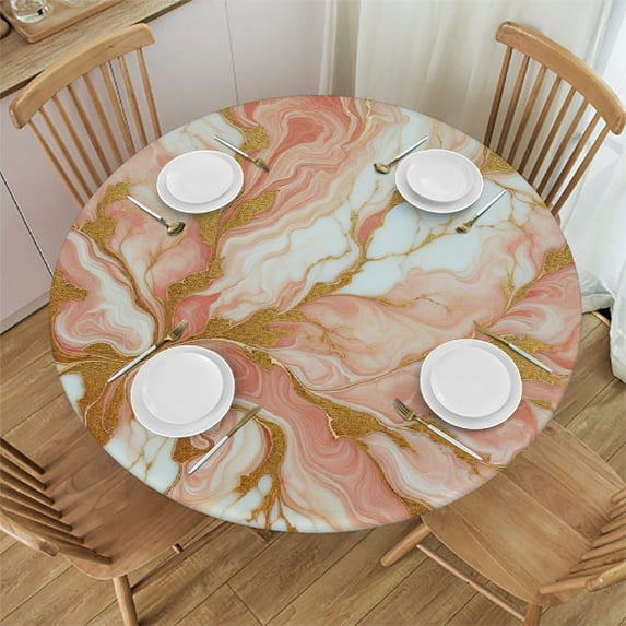 PIKWEEK Fitted Round Tablecloth with Elastic Edge Wipe Clean Marble Rose Gold Table Cloth for Outdoor/Indoor Use