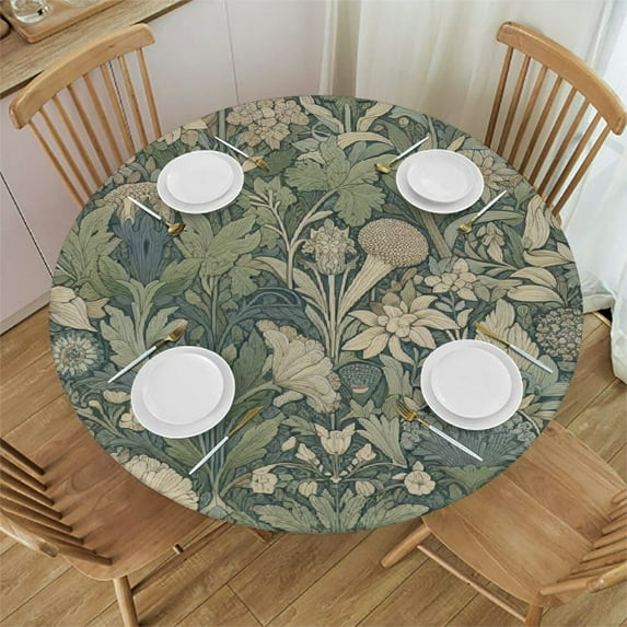 PIKWEEK Fitted Round Tablecloth with Elastic Edge Wipe Clean William Morris Prints Table Cloth for Outdoor/Indoor Use,Fits Round Tables